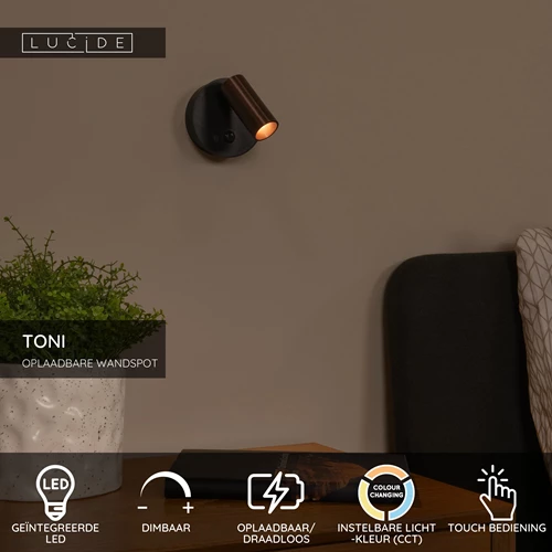 Lucide TONI - Oplaadbare Wandspot / Wandlamp - Accu/Batterij - Ø 8,1 cm - LED Dimb. - CCT - 1x2W 2700K/4000K - Bewegingssensor (uitschakelbaar) - Magnetisch - Grijs ijzer - USP